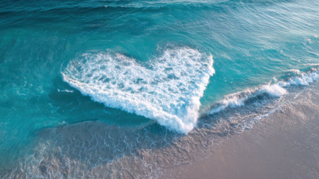 Ocean waves create a heart shape as they crash onto a sandy beach. The scene captures the beauty of nature during sunset, with gentle colors blending in the sky.の素材