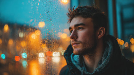 A young man with a serious expression looks out a rain-drenched window. The vibrant city lights blur in the background during the evening hours.の素材