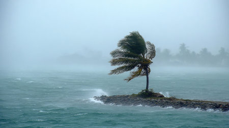 A lone palm tree leans against powerful winds and heavy rain, standing on a rocky shoreline. The scene reflects the intensity of a storm in a coastal area.の素材
