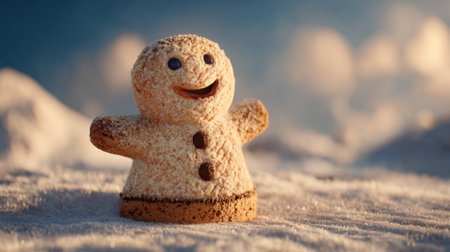A cheerful gingerbread man, decorated with chocolate buttons and a friendly smile, sits in a snowy setting under a clear blue sky. It looks like a perfect winter scene.の素材