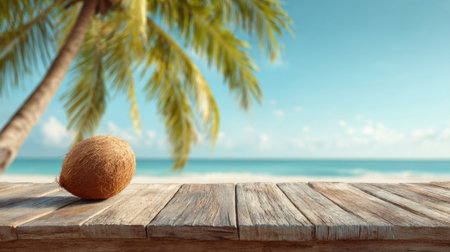 A coconut sits on a weathered wooden table near a tropical beach. The clear blue ocean and palm trees create a peaceful atmosphere under bright sunlight.の素材