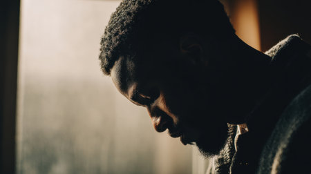 A man stands near a window, lost in thought. The warm glow of afternoon sunlight highlights his thoughtful expression. The serene atmosphere invites reflection and contemplation.の素材