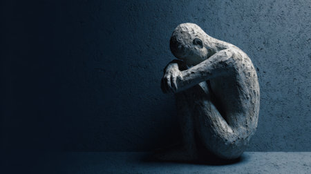 A solitary figure made of stone is curled up in a corner, suggesting feelings of sadness and introspection in a softly lit setting.の素材