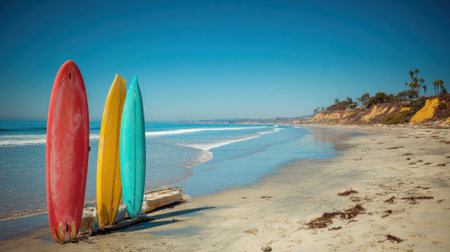 Brightly colored surfboards stand on the sandy beach as gentle waves roll in. The sun shines down, creating a perfect day for surfing or relaxing by the ocean.の素材