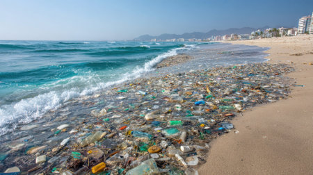 Colorful plastic debris lines the sandy beach where waves crash gently. The bright sunlight highlights the pollution, creating a stark contrast with the blue ocean.の素材