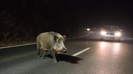 A wild boar walks across a winding road at night while car headlights shine in the distance. The scene captures the tension between wildlife and urban areas.の素材