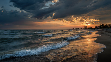 Waves roll onto a sandy shore as the sun sets behind dark clouds, casting a warm glow on the water. A peaceful atmosphere surrounds the lakeside scenery.の素材