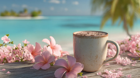 A warm cup of coffee sits on a wooden table adorned with pink cherry blossoms. In the background, a serene blue ocean and palm trees create a tranquil tropical scene.の素材
