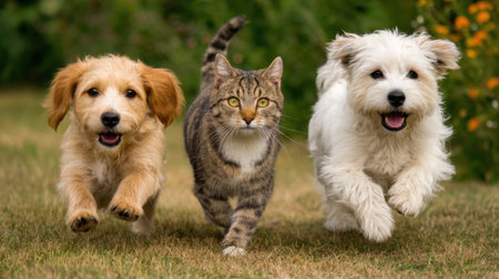 Three pets, two dogs and a cat, joyfully run through a grassy area filled with wildflowers. The scene captures their playful spirit and happiness on a bright day.の素材