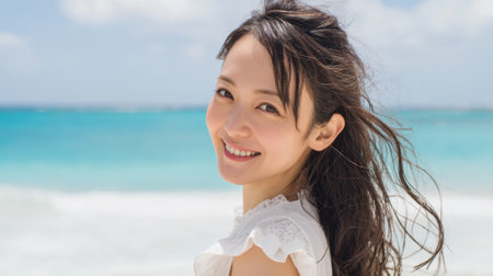 A woman with long hair smiles brightly while standing near the shore. The sun shines down on the beach, and waves gently crash in the background, creating a joyful atmosphere.の素材