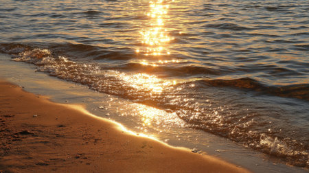 Golden sunlight reflects on gentle waves near a peaceful sandy beach during sunset. The serene scene captures the beauty of nature and tranquility of evening.の素材