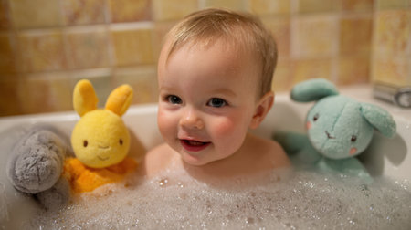A joyful baby relaxes in a bubble bath, surrounded by soft plush toys. The warm lighting adds a cozy touch to this delightful moment at home.の素材