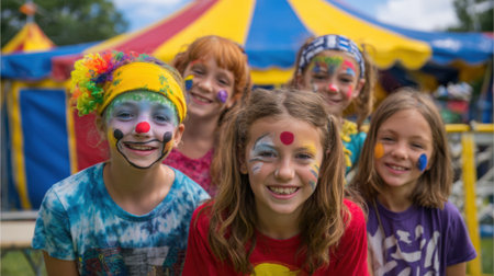 Five cheerful children stand together, their faces painted in bright colors, in front of a vibrant circus tent on a sunny day. Laughter and excitement fill the air.の素材