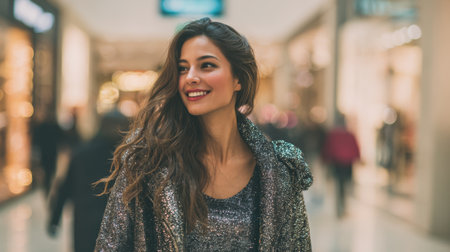 A young woman is smiling while strolling through a busy shopping mall. Her long hair flows gently as she enjoys the vibrant atmosphere filled with shoppers and bright store lights.の素材