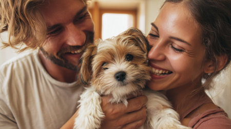 A couple smiles while holding their small puppy in a warm, welcoming home. They share a moment of happiness, showcasing love and affection for their pet.の素材