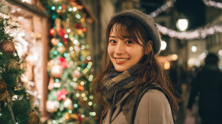 A young woman stands in a bustling holiday market, smiling warmly as she admires festive decorations. Colorful lights and ornaments create a joyful atmosphere around her.の素材