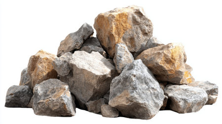 A collection of natural stones of different sizes and shades is stacked together. These rocks are commonly used in construction, landscaping, and decorative projects.の素材