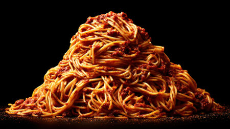 A large mound of spaghetti is topped with a hearty meat sauce, highlighting a classic Italian meal. The black background emphasizes the vibrant colors and textures of the pasta.の素材