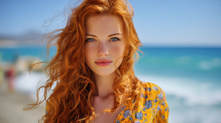 A young woman with vibrant red hair poses confidently by the shore. Bright sunshine reflects off the ocean, creating a cheerful, summery atmosphere.の素材