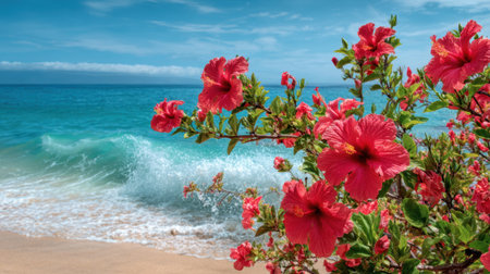 Bright red hibiscus flowers grow along a sandy beach. Gentle ocean waves crash on the shore under a clear blue sky during a sunny day. Nature's beauty is on full display.の素材
