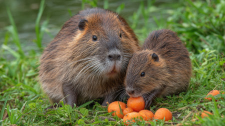 In a serene spot beside water, two rodents share a meal of bright orange vegetables. One is larger, while the smaller one nibbles, both surrounded by green grass.の素材