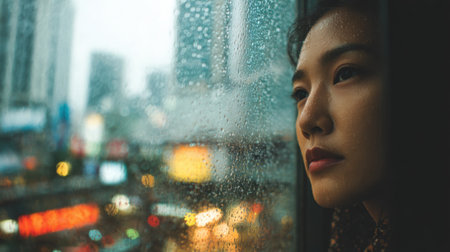 A woman with a pensive expression watches raindrops sliding down a window. In the background, city lights glow softly against the evening gloom, creating a vibrant atmosphere.の素材