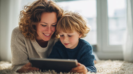 A mother and her young son share a joyful moment while looking at a tablet. They are seated on a soft rug, surrounded by a warm and inviting living room atmosphere.の素材
