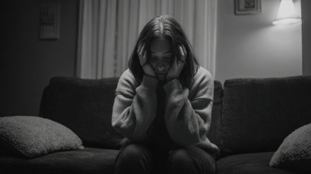 A woman appears distressed, sitting on a couch with her hands on her head. The low light creates a somber atmosphere, emphasizing her feelings of sadness and solitude in the evening.の素材