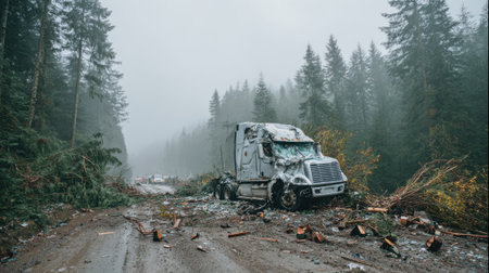 A large truck sits halted on a muddy road, obstructed by fallen trees and debris. Fog blankets the area, creating a gloomy atmosphere as the aftermath of a heavy storm unfolds.の素材