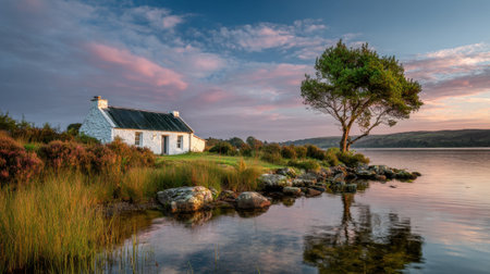 A cozy white cottage sits beside a calm lake, surrounded by lush greenery and rocky shores. The sunset casts warm colors across the sky, creating a tranquil atmosphere.の素材