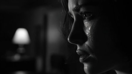A woman is captured in a close-up, showing deep emotions as tears flow down her face. The dimly lit room creates an intimate atmosphere, highlighting her feelings.の素材