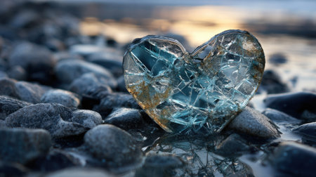 A heart-shaped piece of glass lies on smooth pebbles by the water. The setting sun casts soft hues over the scene, creating a serene and peaceful atmosphere.の素材