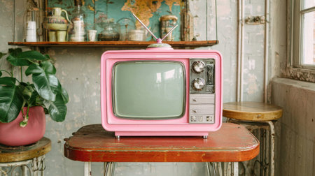 A retro pink television sits on a weathered wooden table. Nearby, a potted plant adds to the charm of the cozy room, decorated with maps and rustic furnishings.の素材