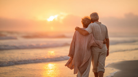 A couple strolls hand in hand along the shoreline as the sun sets, casting warm colors across the sky and reflecting on the water. They enjoy the peaceful moment together, embracing nature.の素材