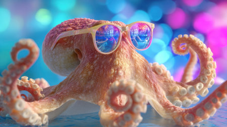 A playful octopus with a pink hue and oversized sunglasses relaxes in a bright and lively underwater scene. Colorful reflections dance around it, creating a joyful atmosphere.の素材