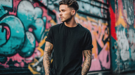 A young man stands confidently against a vibrant graffiti wall, showing his tattoos. The scene is lively, capturing the essence of urban culture and creativity in broad daylight.の素材