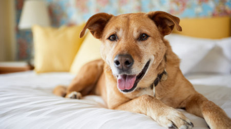 A cheerful dog rests on a comfortable bed in a warm room. Soft sunlight filters through, highlighting the dog's joyful expression and the inviting decor around.の素材