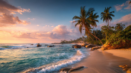 Waves lap gently at the sandy beach as the sun sets, painting the sky with warm colors. Tropical palm trees frame the picturesque scene of tranquility and natural beauty.の素材