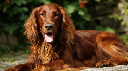 A well-groomed Irish setter lies comfortably on a stone surface in a lush garden. The dog has shiny, rust-colored fur and a relaxed expression, enjoying the warm sunlight.の素材