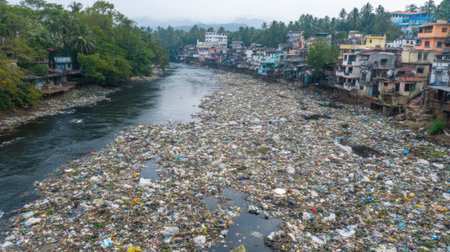 A river filled with waste stretches through a densely populated area. Buildings line the riverbank, and the sky is overcast, highlighting the pollution issue in this urban environment.の素材