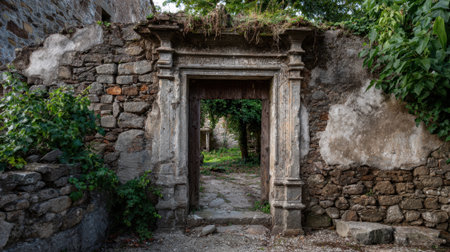 A weathered stone archway stands proudly, framed by lush greenery and remnants of ancient structures. The scene is peaceful, illuminated by gentle afternoon light.の素材