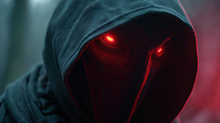 A cloaked figure shrouded in darkness possesses glowing red eyes that pierce through the shadows, creating a feeling of mystery and tension in the scene.の素材