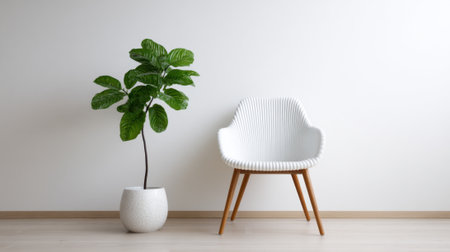 In a bright indoor setting, a modern white chair sits next to a leafy green plant in a simple pot. The clean lines and minimal decor create a serene atmosphere.の素材