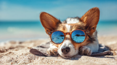 A playful dog rests on the sandy beach, wearing trendy sunglasses. The sun shines brightly, and the ocean sparkles in the background, creating a perfect summer scene.の素材