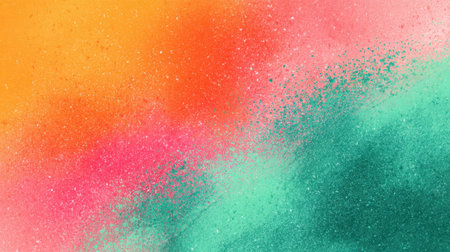 Vivid colors of orange, pink, and green blend together in a dynamic display of powdered pigments scattered in the air during a lively outdoor festival celebrating joy and unity.の素材