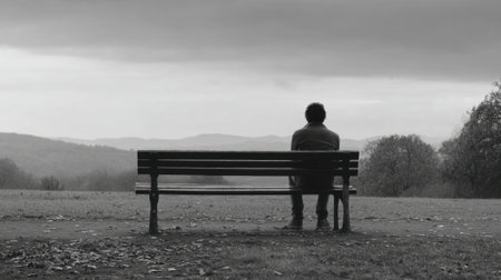 A person sits alone on a bench in a park, gazing at a cloudy sky and distant mountains. The serene atmosphere suggests contemplation and solitude on a calm day.の素材