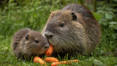 A mother and baby rodent are happily sharing fresh carrots in a lush green garden. Sunlight highlights their fuzzy fur as they munch together, showcasing a peaceful moment in nature.の素材