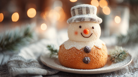 A snowman-shaped dessert sits on a plate, surrounded by a soft, winter-themed setting. Warm lights twinkle in the background, adding to the festive atmosphere of the holiday season.の素材