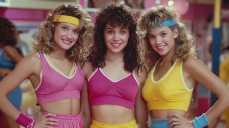 Three friends smile in vibrant workout clothing in a gym filled with nostalgic decor. Their hairstyles and outfits capture the energetic spirit of the 1980s fitness culture.の素材
