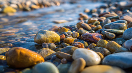 Colorful stones line a shallow riverbed, reflecting warm sunlight as the water flows gently over them. The scene captures the serenity of nature at dusk.の素材